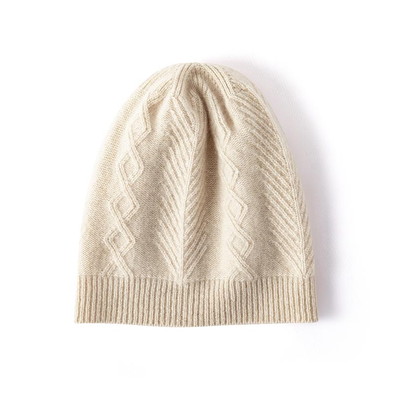 

Women 100% Cashmere Beanie Hat Mixed Herringbone Knit Pattern Winter Warm Soft Slouchy Skullies Cap Cold Weather Accessory бежевий