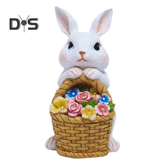 

Статуя Кролика в сонячному саду з 5 світлодіодними лампочками Кошик для квітів На відкритому повітрі Фігурка зайчика зі смоли Патіо Газон Пасхальна прикраса білий