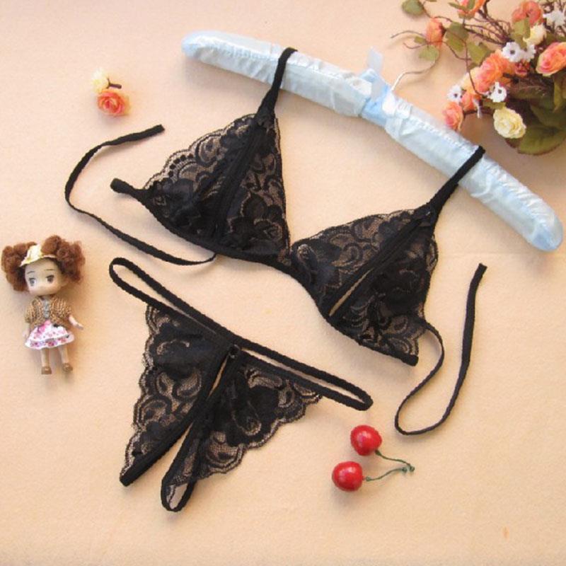 Crotchless Lace Bikini Three Point Female Lingerie Babydoll See Through Glamour Bra+Underwear Sexy Glamour Underwear Set
