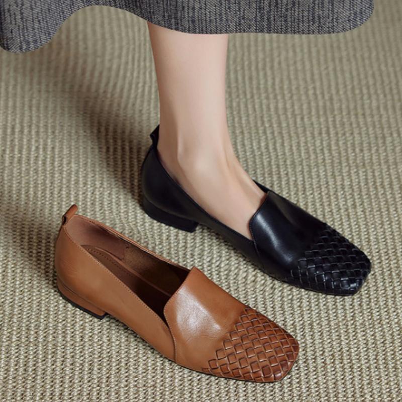 Fashion Roman Retro Cow Wave Natural Leather Women Loafers 2025 Autumn Fashion Slip-on Flat Shoes Square Toe New Style Women Shoes
