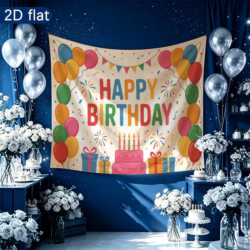 Floral Bouquet Balloons Tiered Cake Birthday Party Backdrop, Polyester Banner for Wall Decor & Photo Booth