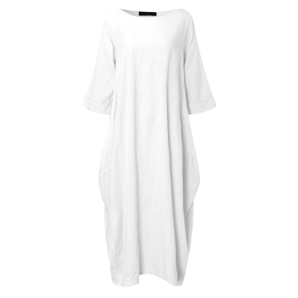Women's Fashionable Color Round Neck 3/4 Sleeved Cotton Linen Casual Vacation Loose Long Dress
