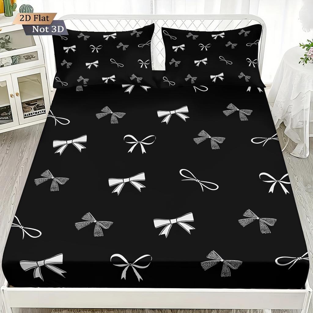 3Pcs Beautiful Bow Black Printed Coreless Bed Sheet Set Multi Size Bed Cover Bedroom Bedding Decoration Machine Washable
