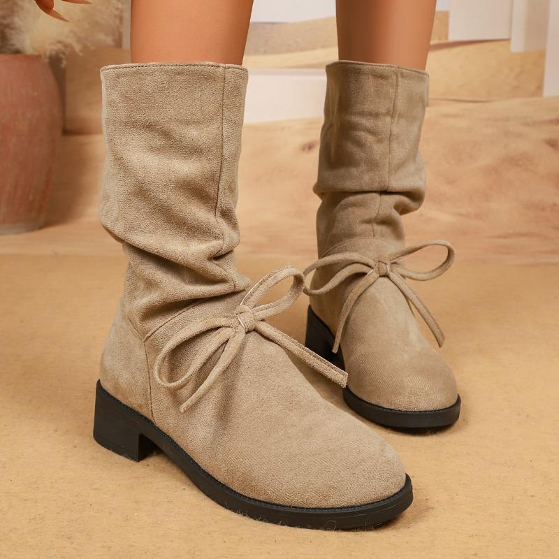 Fashion Bow Cow Suede Single Boots Autumn New Round Toe Sleeve Soft Sole Anti-slip Wear-resistant Block Heel Short Boots