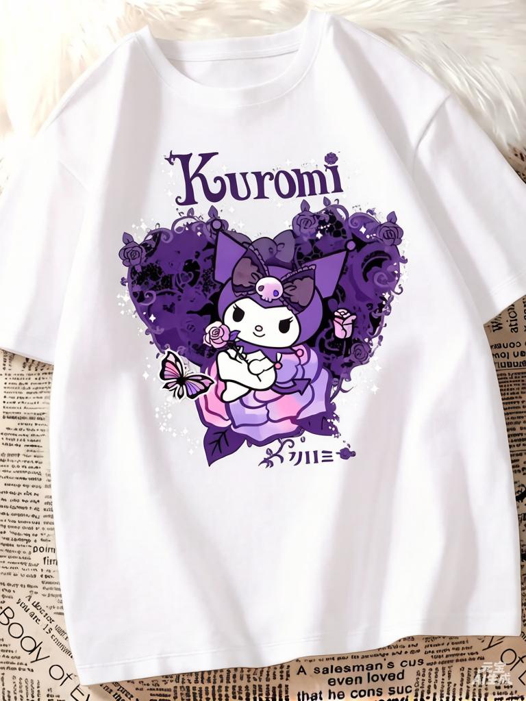 Summer Sanrio Kuromi Lady Tshirt Loose Fit Suitable Daily Wear Cute Street Style  Pure Cotton Soft and Breathable Material