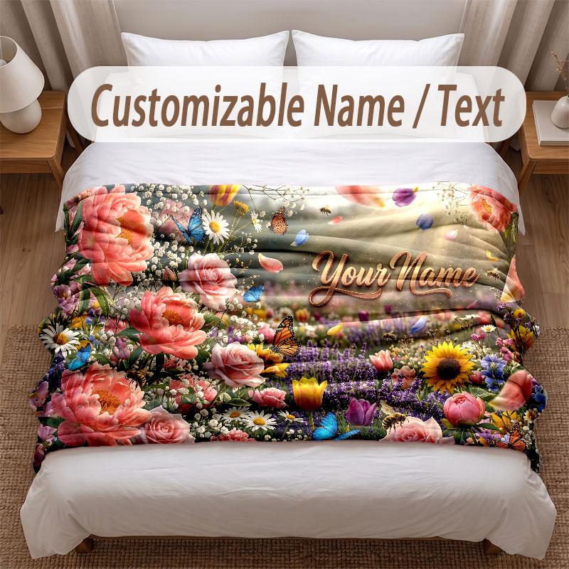 Floral Garden Theme Soft Blanket Personalized Custom Name Text Print Warm Blanket Home Sofa Bedroom Decor