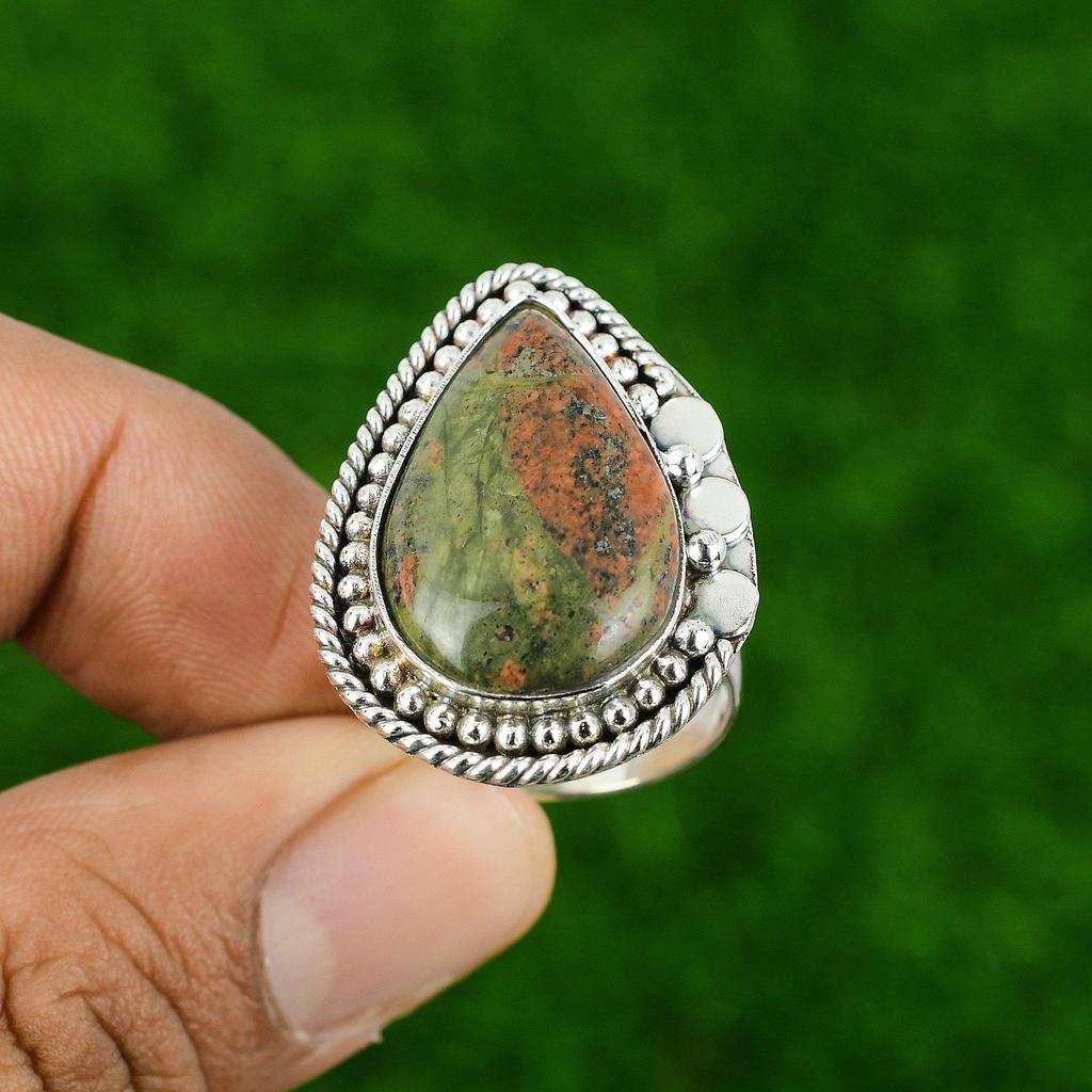 925 Sterling Silver Pear Grass Garnet Stone Boho Solitaire Wedding Ring Jewelry