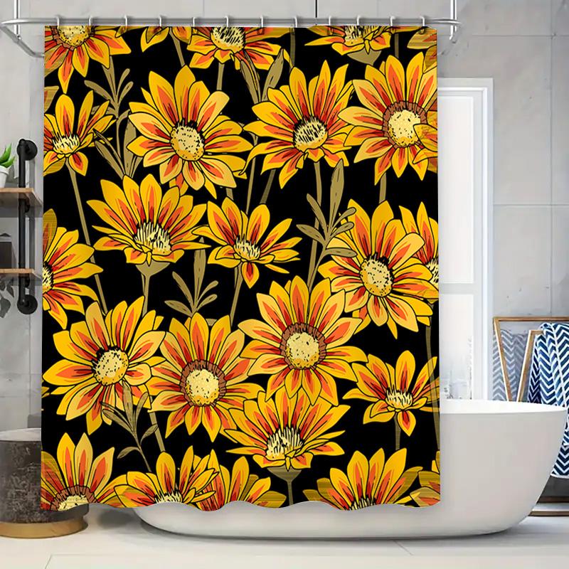 

Bright Floral Shower Curtain Bathroom Decor With Black Background Modern Home Accents In Yellow, Orange Red W60H190(CM)-1 Pcs