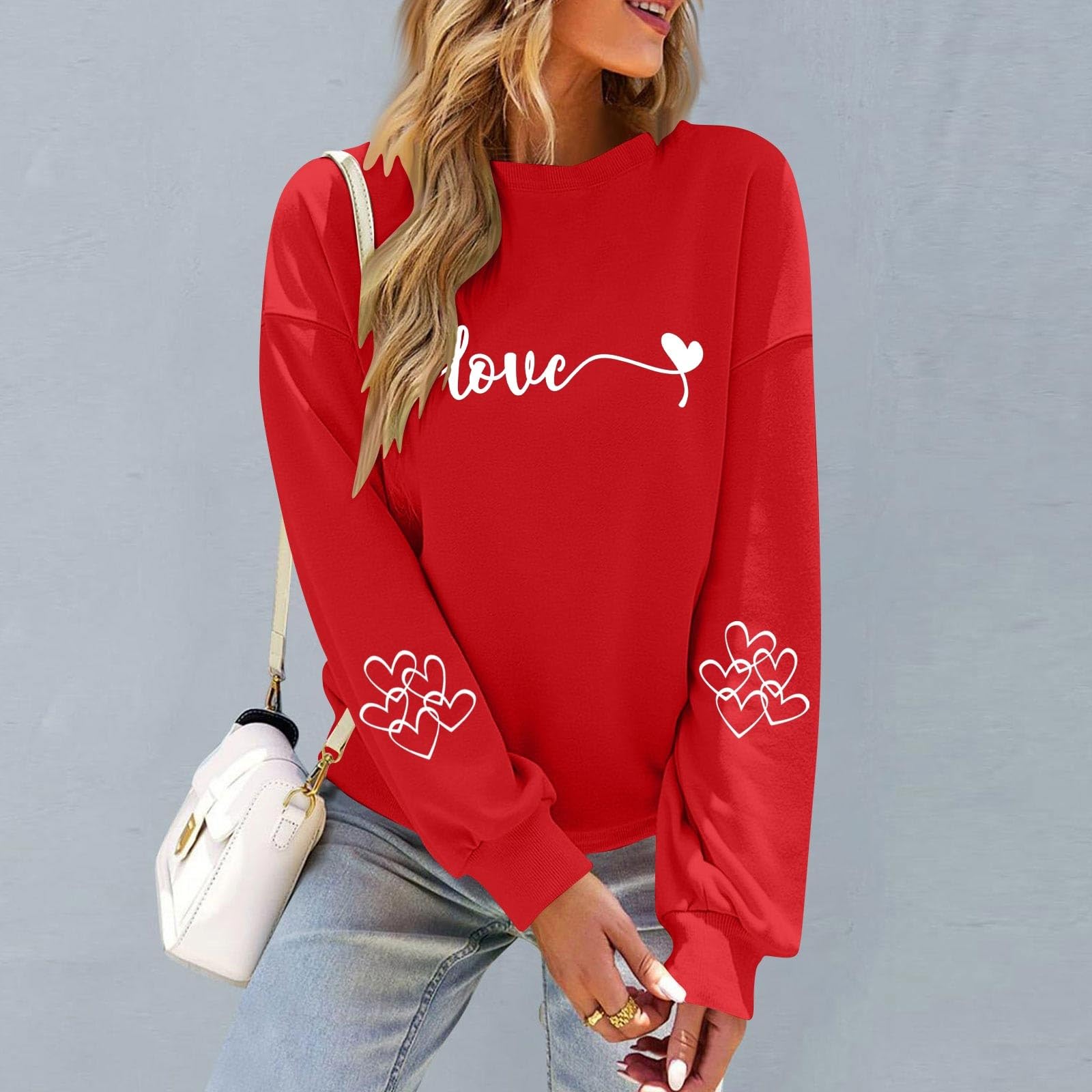 

Women s Fashionable Casual Long-Sleeved Neck Valentine s Day Print Pullover Sweatshirt XL білий