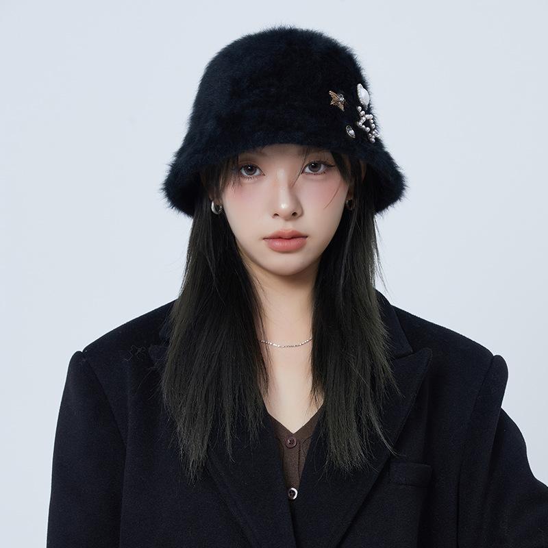 Autumn and winter light luxury rhinestone thickened and enlarged rabbit hair wool hat women's fashion light luxury warm ear protection bucket hat