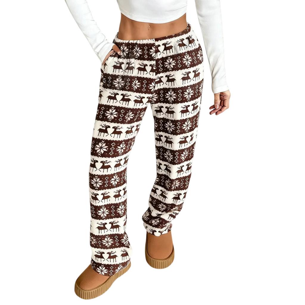 Women Pajama Pants Plush Sleep Pants Soft Elastic Waist Pajama Bottoms Patterned Pants With 2 Pockets