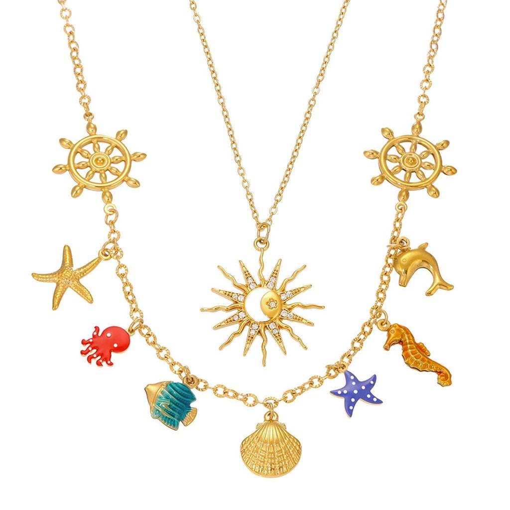 Oumayka Ocean Vacation Style Drip Oil Starfish, Seashell & Seahorse Stainless Steel Necklace
