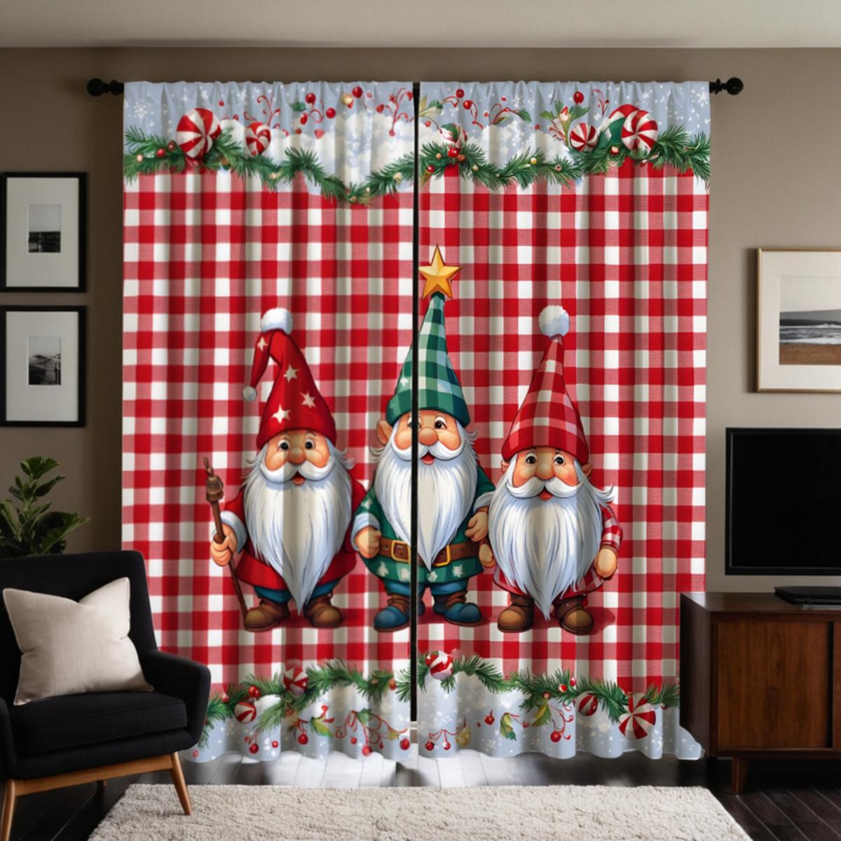 

2 шт. HD Красные и белые клетчатые рождественские занавески с изображением гномов Зеленые красные занавески с цифровой печатью для украшения дома в стиле Decorate livi W52H63inchW132H160cm