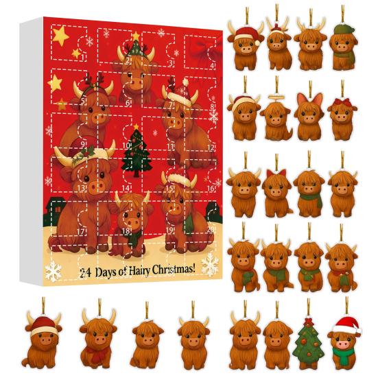 Highlandská kráva Adventní kalendář 2025 24denní krabička pro odpočítávání Vánoc s ozdobami Multifunkční dekorace na stromeček a sváteční zábava pro děti
