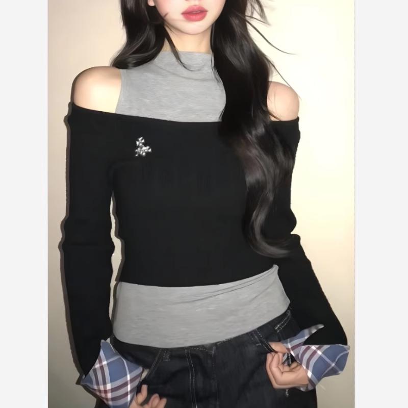 

Retro Spicy Girl Two-Piece Set: Off-Shoulder Knitted Top for Women (Spring/Summer) S