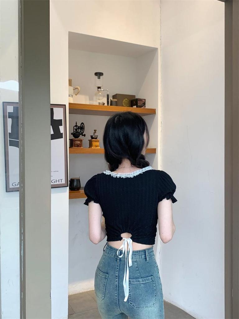 Women's Summer 2025 Square Neck Lace Short Sleeve Ballet Style Slim Fit T-Shirt