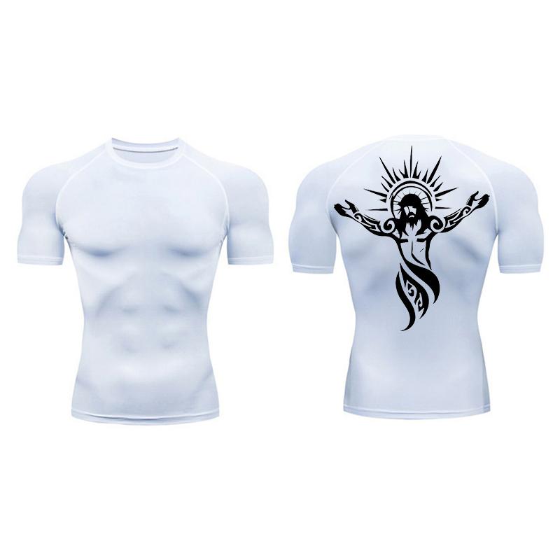 Cross Print Compression Shirt for Men Athletic Quick Dry Short Sleeve Tops Baselayer Christian Gym Workout Running T-shirts Tees