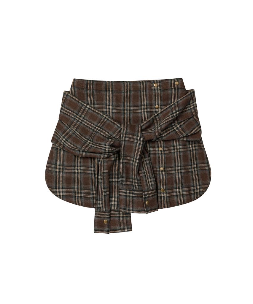 Ledeoli Tie-Up Check Skirt [Brown]