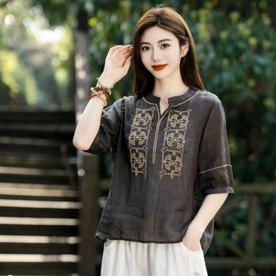 Literary Heavy Industry Embroidery V-neck Embroidered Solid Color Cotton and Linen Shirt Sun Protection Shirt Summer Three-quarter Sleeve Thin Top