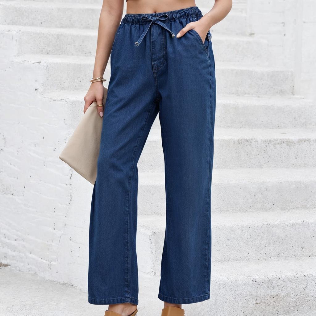 Women's Mid- Stretch Jeans Fashion Straight Leg Denim Pants With Pockets