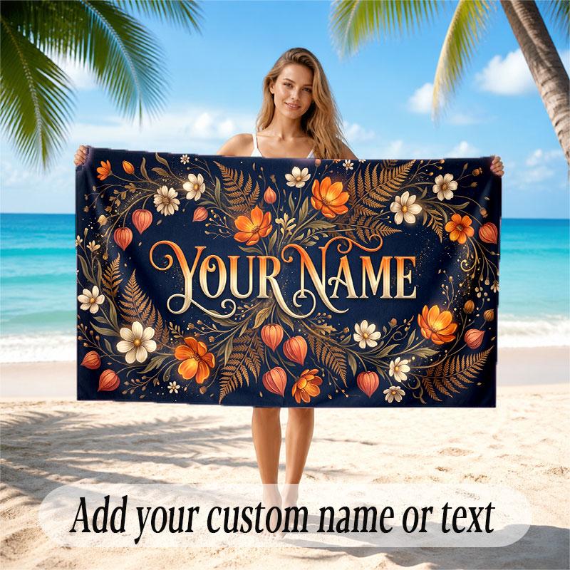 Floral Garden Theme Soft Beach Towel Personalized Custom Name Text Towel Portable for Beach Pool Travel