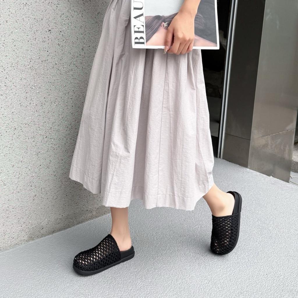 Woven hollowed-out baotou half slippers for women to wear summer new seaside beach thick-bottomed fishing net cool slippers
