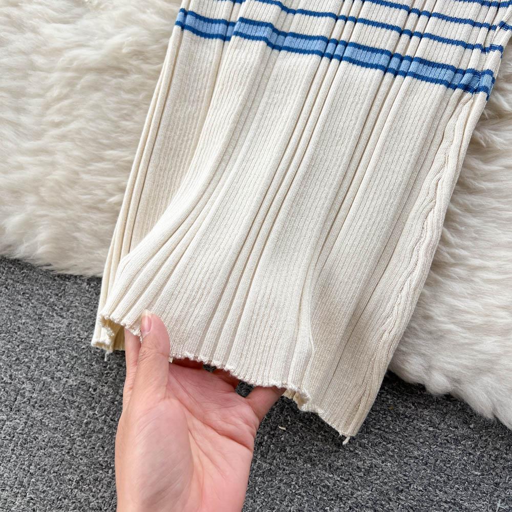 Autumn and Winter Small Fragrant Wind Stripes Collision Color Sexy Lapel Striped Knit Shirt Plus Halter Dress Two-piece