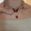 Red Enamel Butterfly Tassels Multi Layer Necklace Elegant Adjustable Length Neckchain Alloy Jewelry Gift for Women