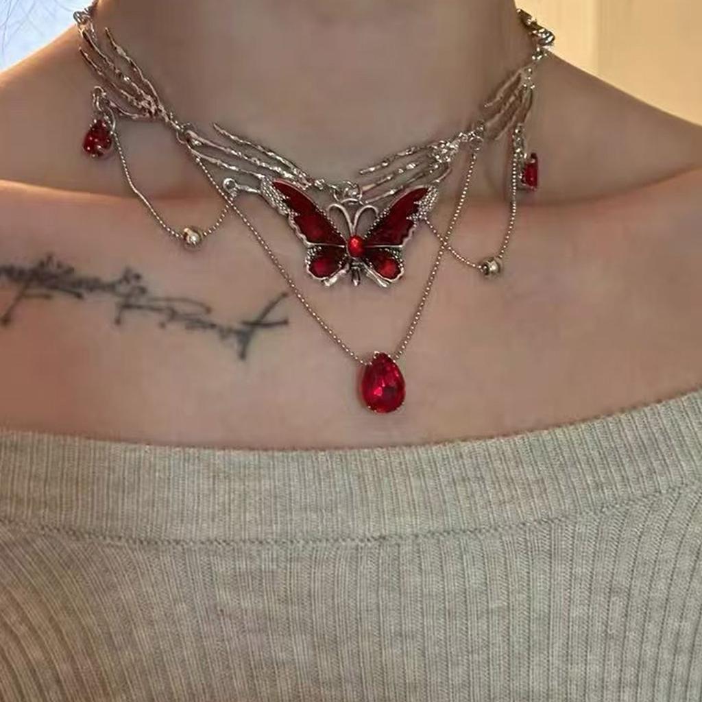 Red Enamel Butterfly Tassels Multi Layer Necklace Elegant Adjustable Length Neckchain Alloy Jewelry Gift for Women