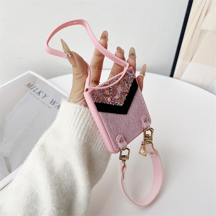 Applicable To Samsung ZFlip7 Splicing Rhinestone Mink Hair Mobile Phone Case ZFlip6 Portable Lanyard Folding Screen Protective Case