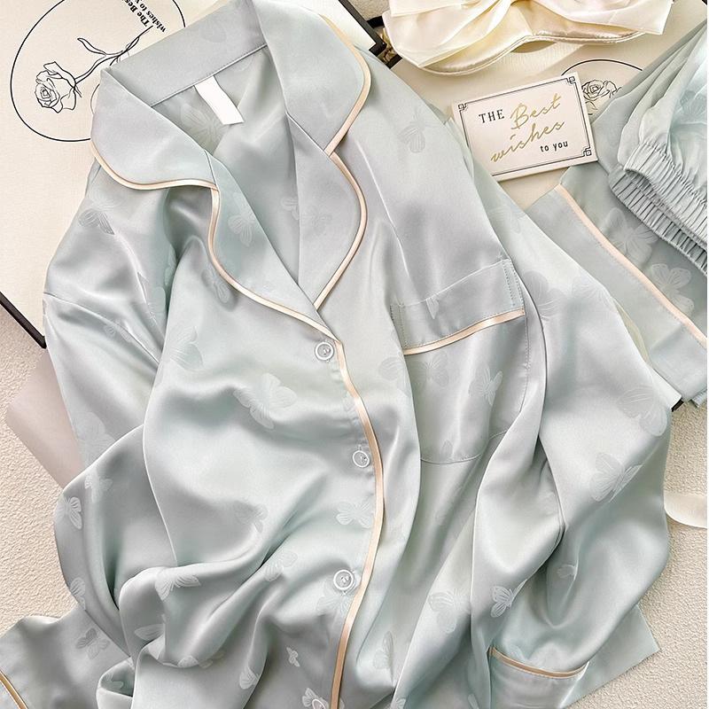 Pajamas Women's Summer Ice Silk Jacquard Pajamas Simple Loose Casual Comfortable Women's Loungewear Suit Premium Sense