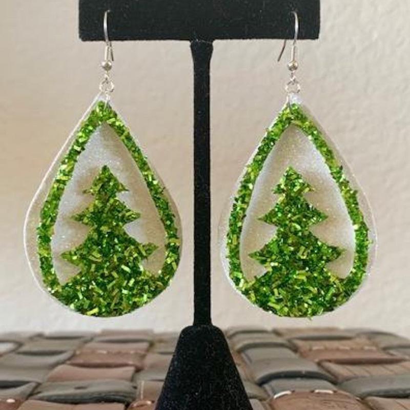 Boucles d'oreilles Arbre de Noël en Cuir Rouge à Carreaux Européennes et Américaines Vintage en Forme de Goutte avec Pendentif à Paillettes