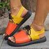 Fashion Platform Sandals Women's Summer New Round Toe Open Toe Colorblock Front Lace-Up Non-Slip Plus Size Romans