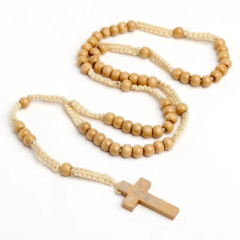 Catholic Wood Beads Necklace For Women Crucifix Cross Pendant Braided Rope Chain Rosary Necklace Men Religious Prayer Jewelry