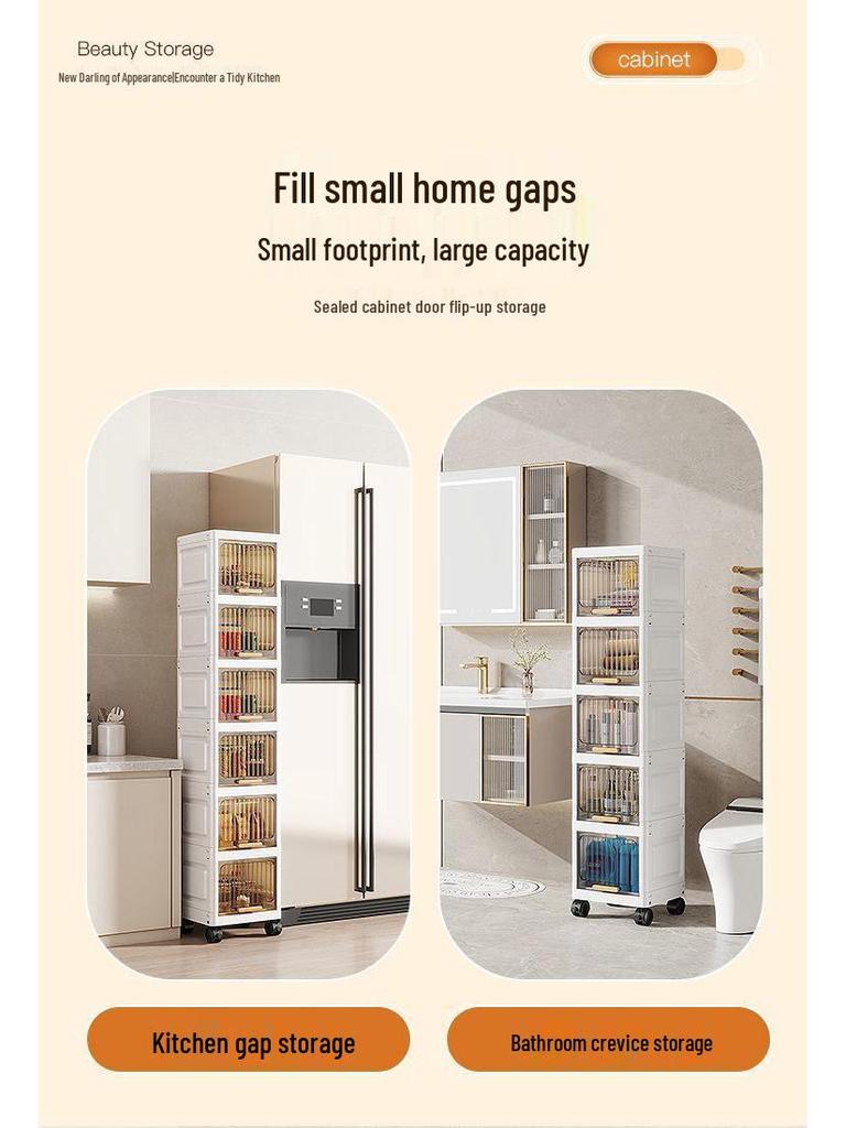 Flip-Up Seam Narrow Storage Cabinet for Kitchen, Bathroom, or Living Room
