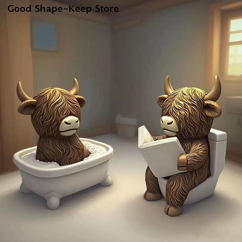 Cute Reading Cow Statue Scottish Highland Cow Resin Figurines Funny Bathing & Desk Decoration Home Bathroom Office Holiday Gift