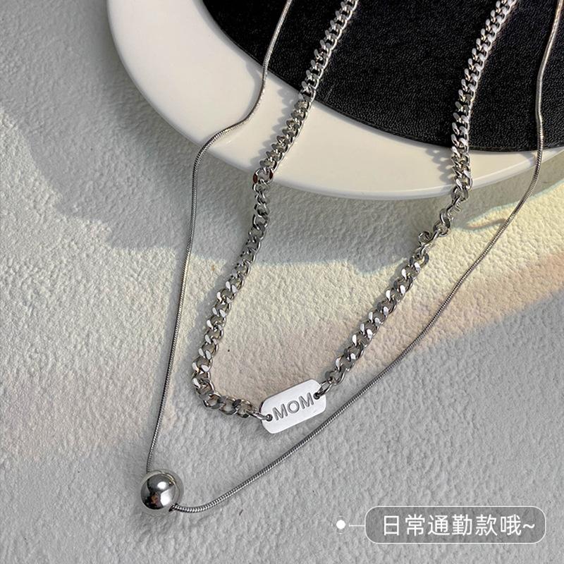 Square brand round beads double layer stacked necklace titanium steel ins cold wind European and American accessories trend personality