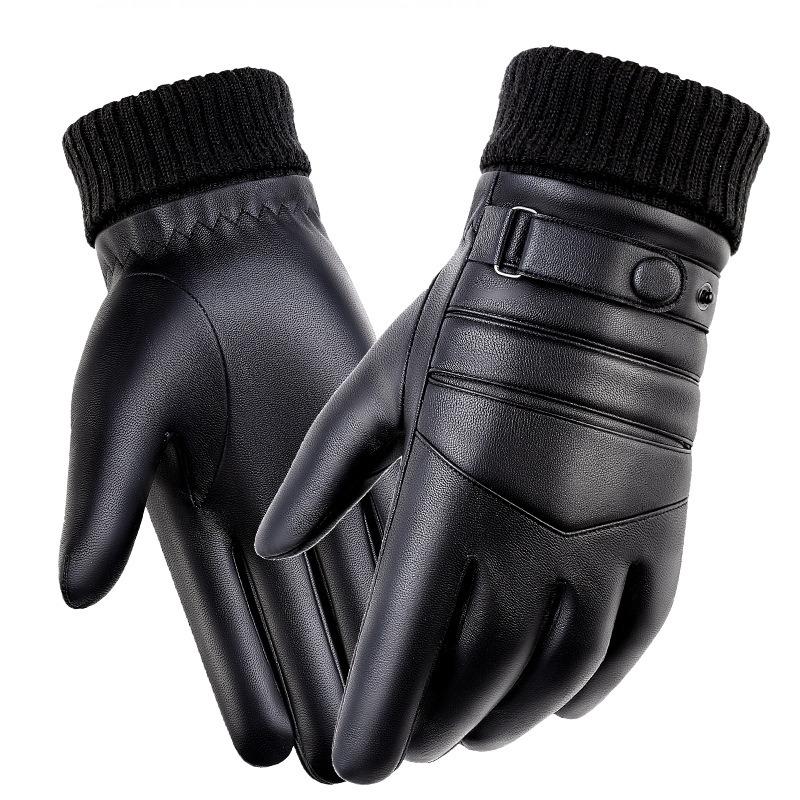 Warm Leather Gloves Men's Outdoor Skiing Cycling Cycling Piled Thickened Washed Leather Winter Touch Screen Gloves