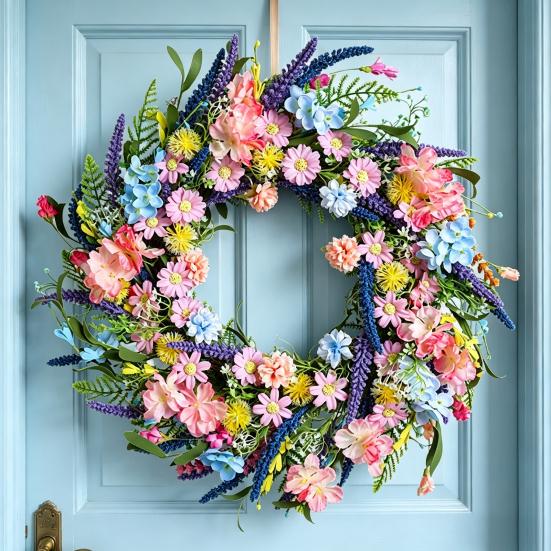 Spring Wreath for Front Door Artificial Floral Wreath with Eucalyptus Leaf Lavender Wildflowers for Easter Indoor Outdoor Home Farmhouse Wall Decor