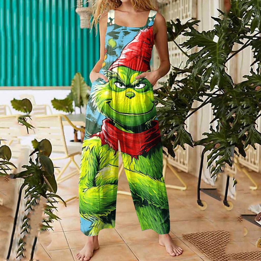 Damen Lässige Overalls Jumpsuits Verstellbare Träger Ärmellos Weihnachtsprint Bequeme Einteiler Mit Tasche