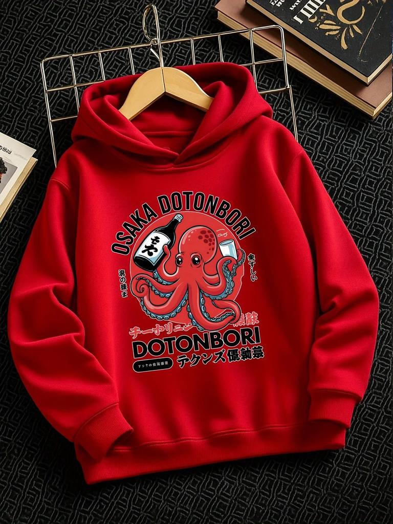 Kids Japanese Osaka Dotonbori Octopus Hoodie Cartoon Graphic Print Pullover Sweatshirt Cute Streetwear Casual Hooded Top Autumn