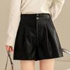 Black Hot Woman Short Pants Baggy Elastic Waist Shorts Fashion High Waist Leather Shorts  Summer
