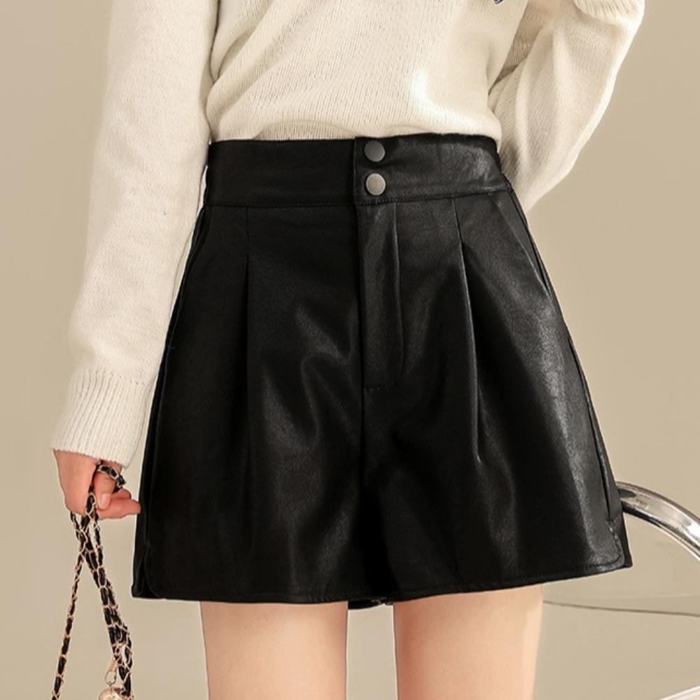 Black Hot Woman Short Pants Baggy Elastic Waist Shorts Fashion High Waist Leather Shorts  Summer