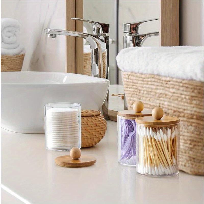 Qtip Holder Dispenser with Bamboo Lid 10 Oz Clear Plastic Apothecary Jar Containers for Vanity Makeup Organizer Storage Bathroom