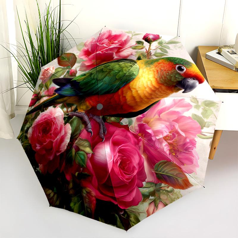 Flower Bird  Pattern, Automatic Folding Umbrella, Portable and Foldable Design, 8 Ribs, a Christmas or Birthday Gift.