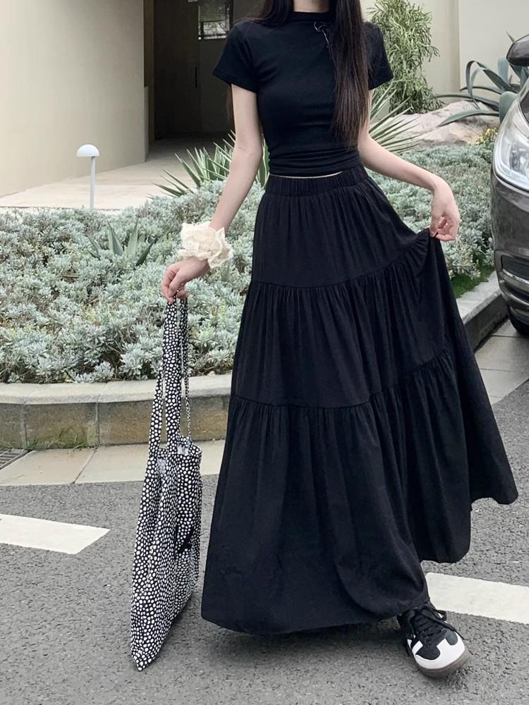 Plus Size Autumn White Pleated Midi Skirt for Women