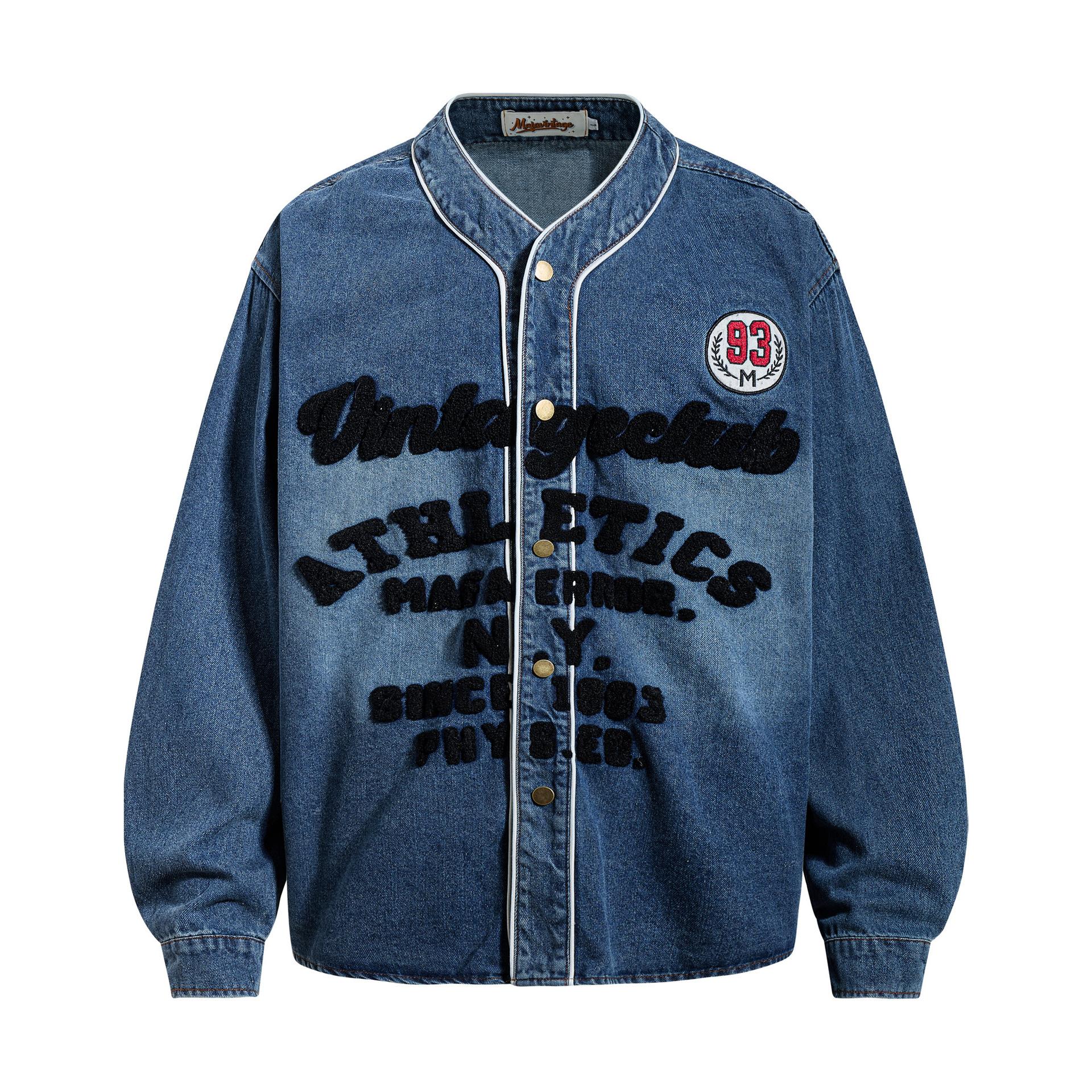 Trendy brand American retro baseball jacket heavy embroidery washed denim jacket sweatshirt M синий