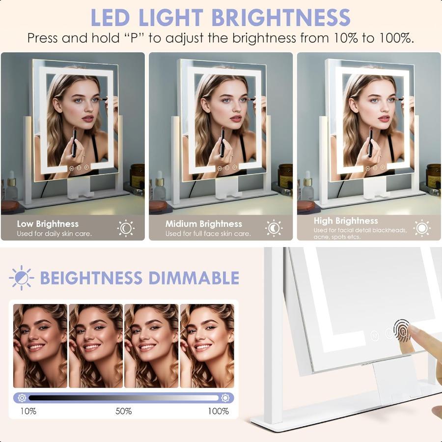 Makeup Mirror with Lights Vanity Mirror with 3 Lighting Modes Light Up Mirror Touch Sensor USB Powered 360 Rotatable Metal Fram
