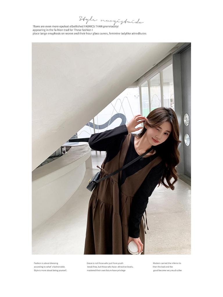 Khaki Faux Two-Piece Spliced A-Line Dress - Women's Mid-Length Spring 2025 French Sweet Style Pinafore Dress