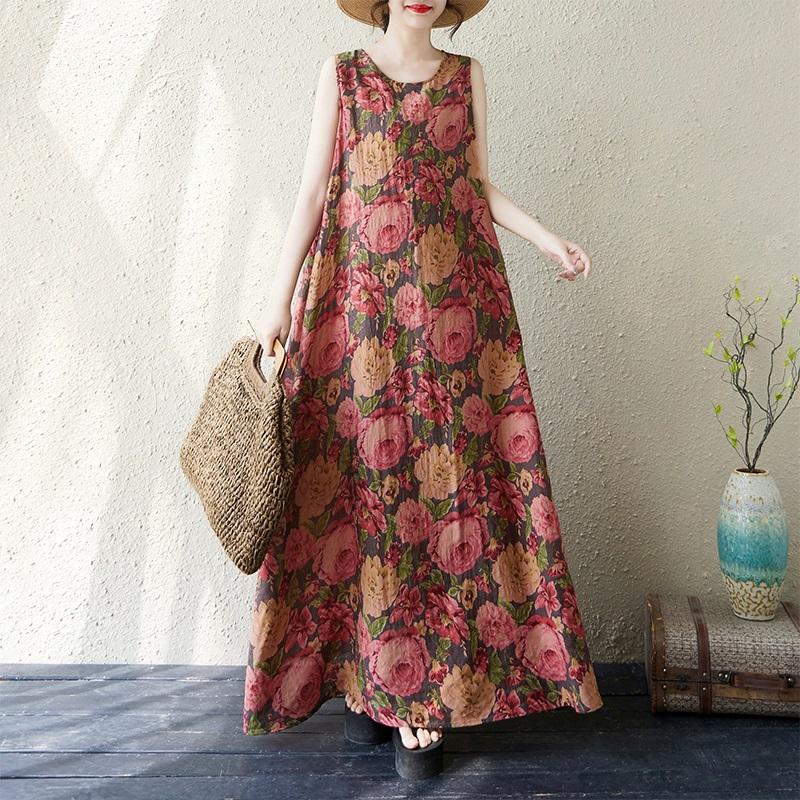 Sleeveless Plus Size Cotton Vintage Floral New In Dresses for Women Casual Loose Long Summer Dress